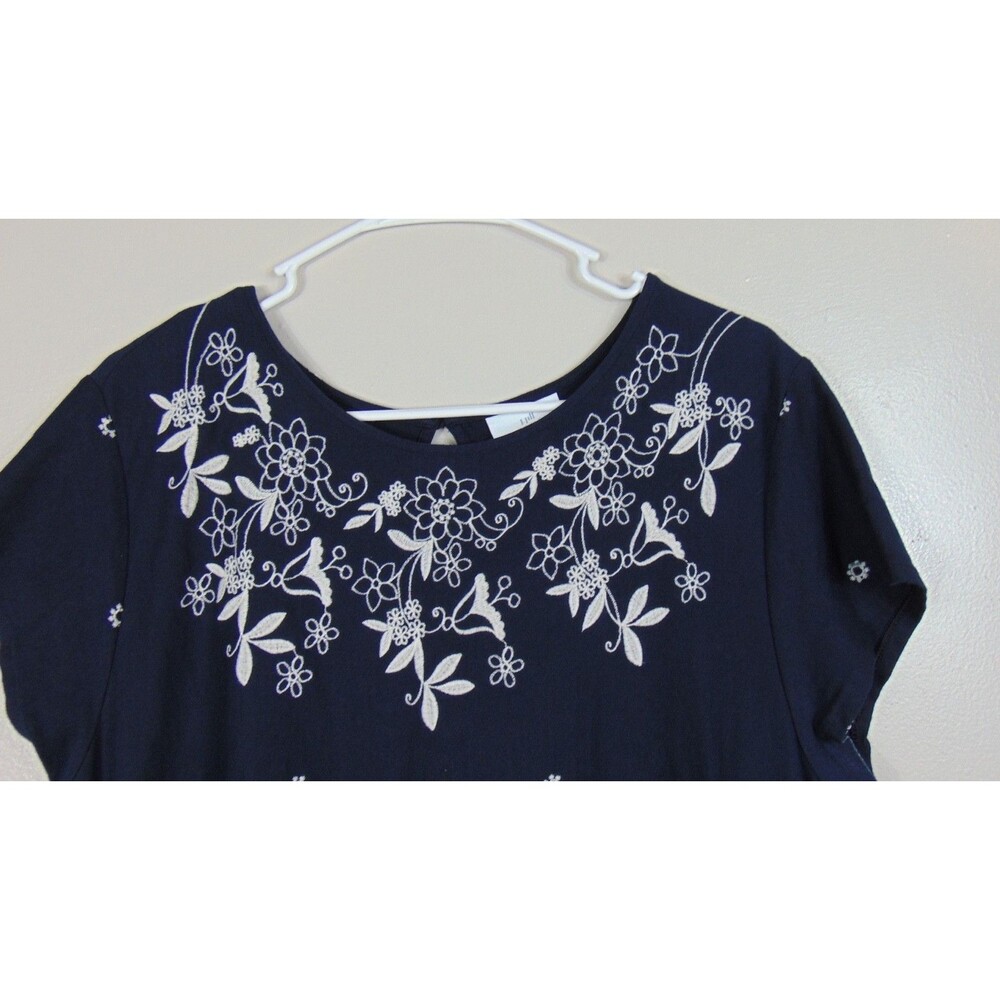 J.Jill Womens Large Navy Blue Floral Embroidered Midi Dress Short Sleeve Boho - Picture 2 of 8